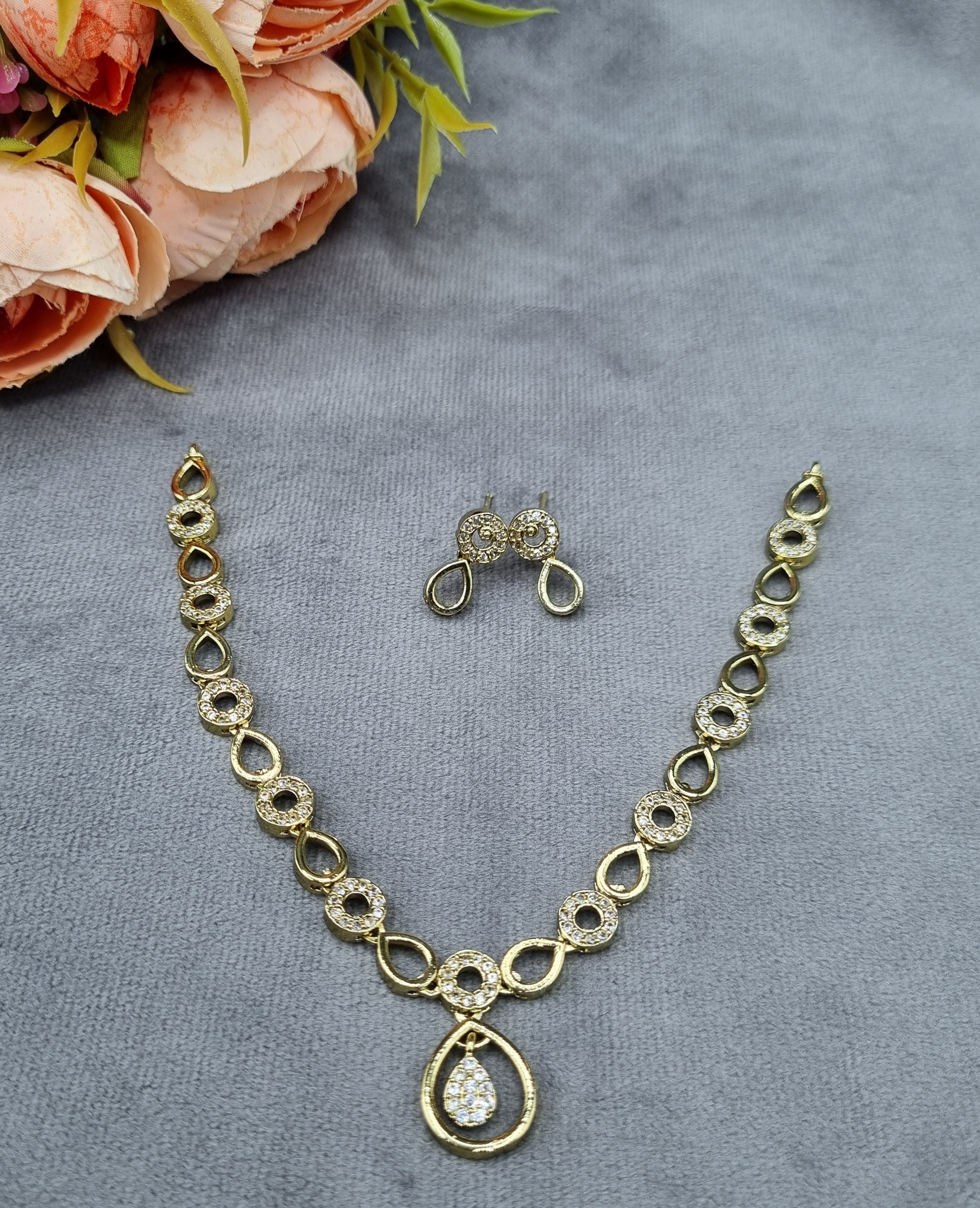 Halo Teardrop American Diamond Necklace & Earring Set